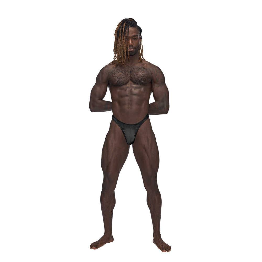 Male Power Barely There Bong Thong Black L/XL on a muscular model showcasing a confident fit.