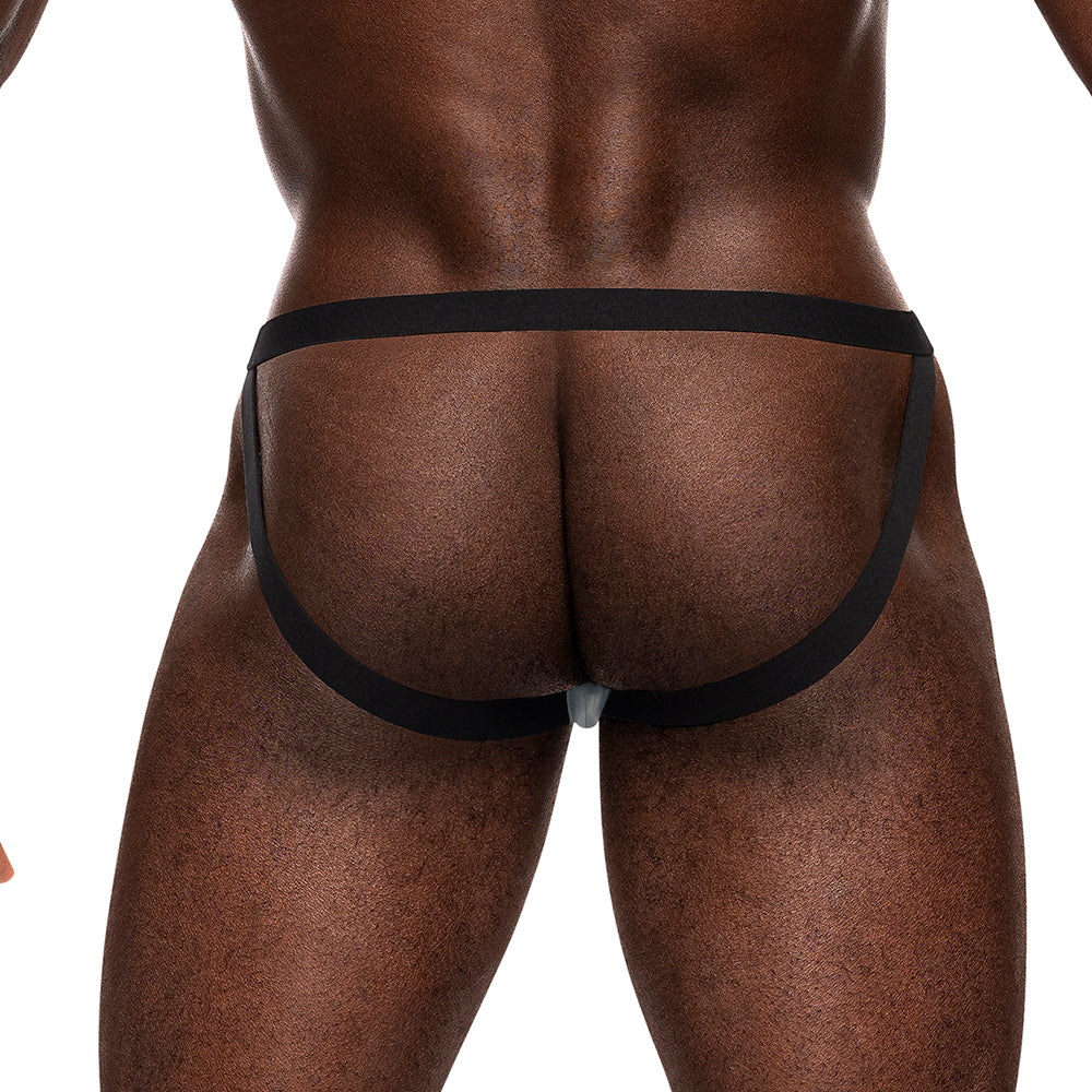 Male Power Magnificence Jock Jade L XL showcased on a model from the back, highlighting the unique cutout waistband and modern style.