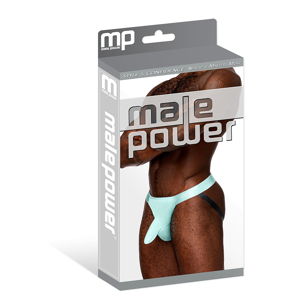 Male Power Easy Breezy Jock Sleeve Aqua L/XL packaging showcasing athletic design and bold color.