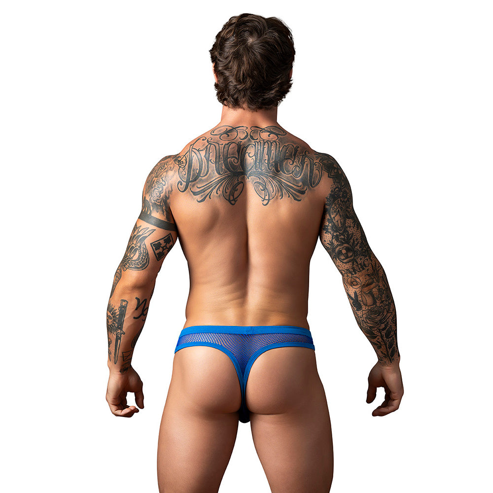 Male Power Fishnet 2.0 Bong Thong Royal L/XL displayed on a model showcasing a bold, daring design in royal blue.