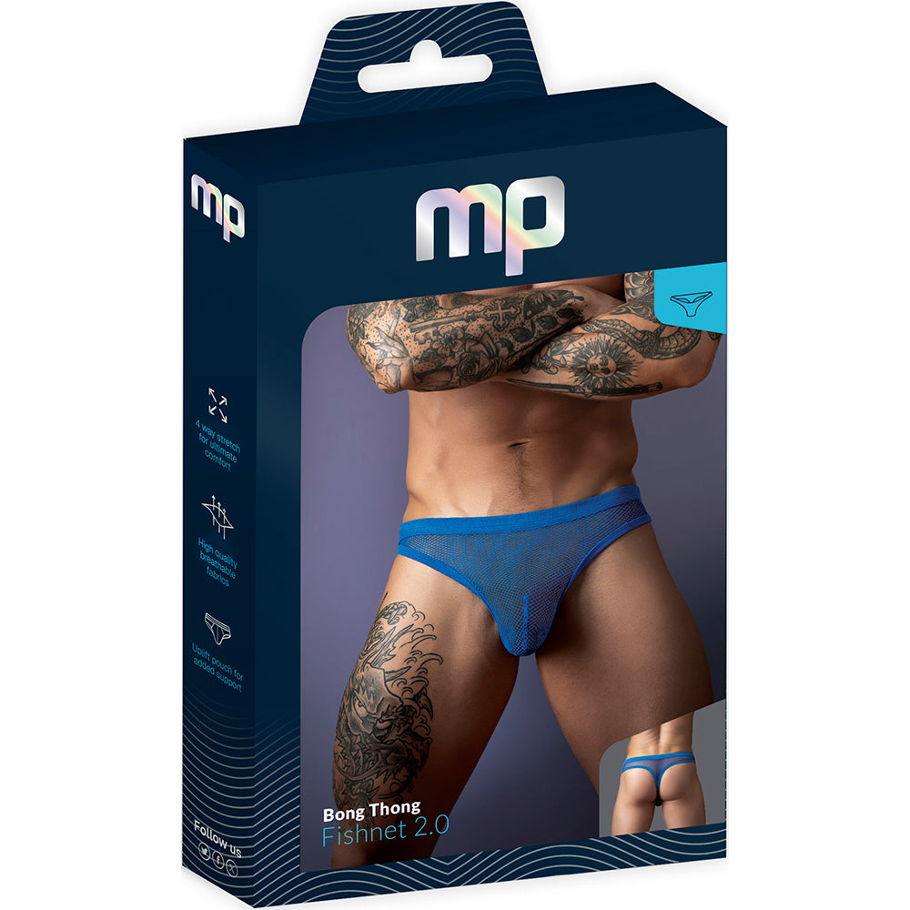 Male Power Fishnet 2.0 Bong Thong Royal L/XL packaging featuring a model showcasing its bold design.