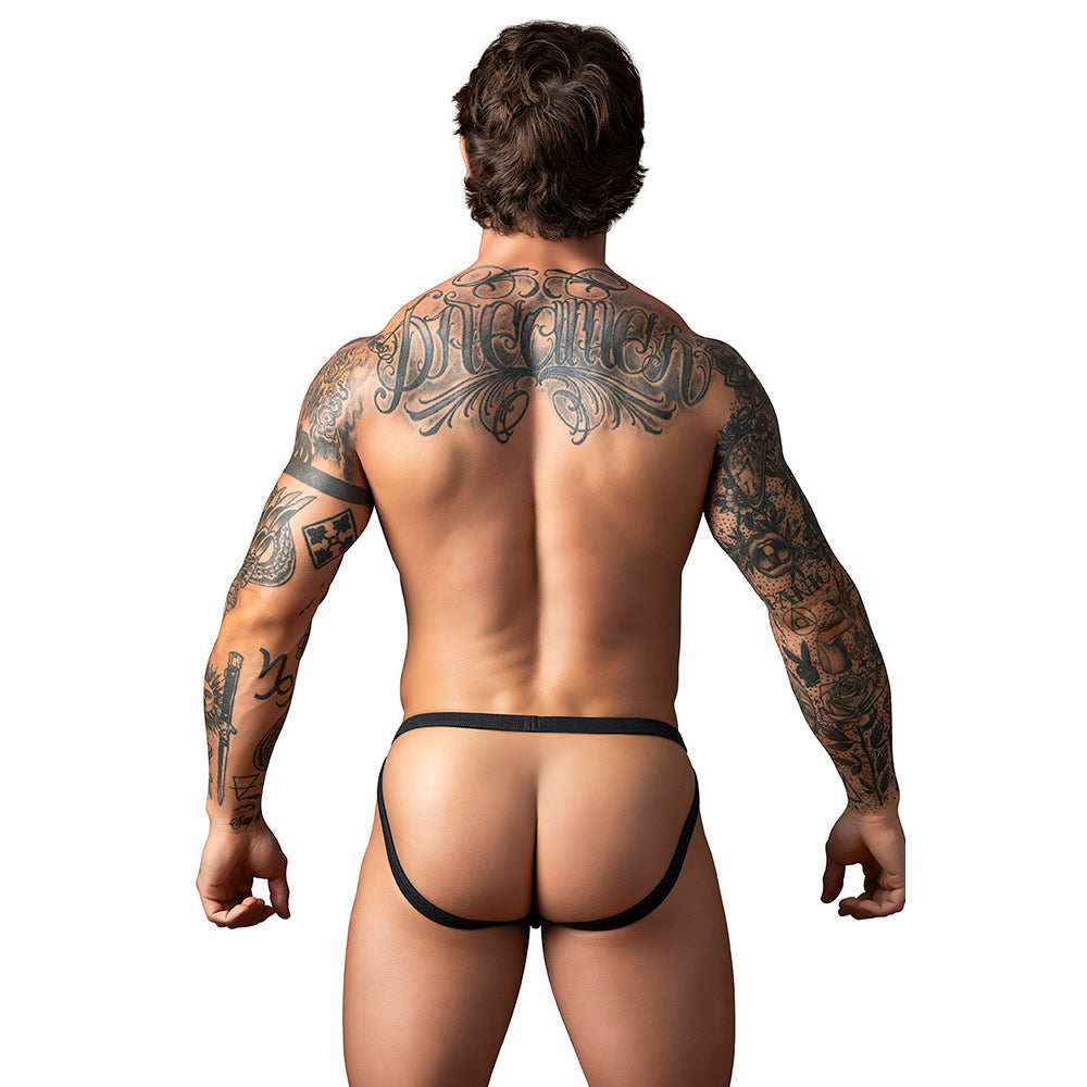 Male Power Fishnet 2.0 Jock Strap Black Small/Medium shown on a male model with tattoos from the back.