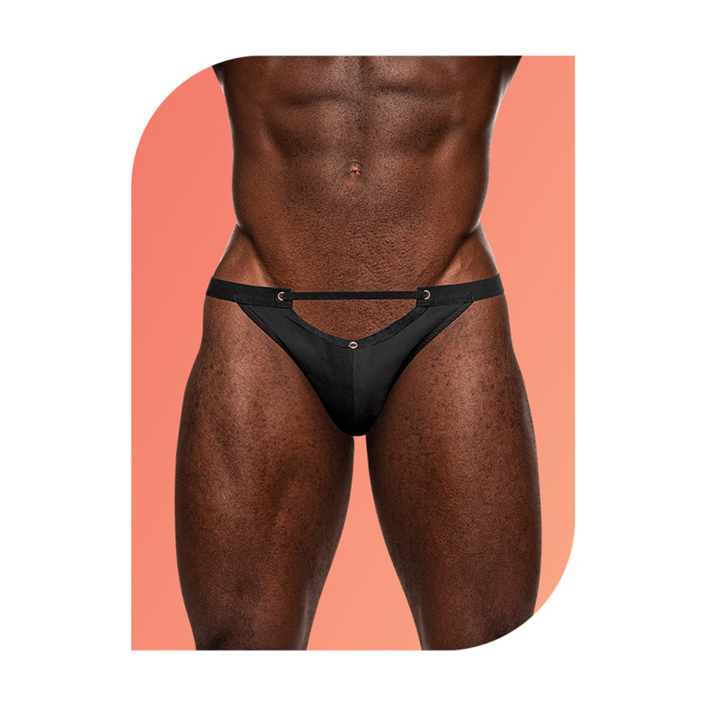 Male Power Wow Magnificence Micro V Thong Black S/M showcasing a sleek micro V design and cut out waist.