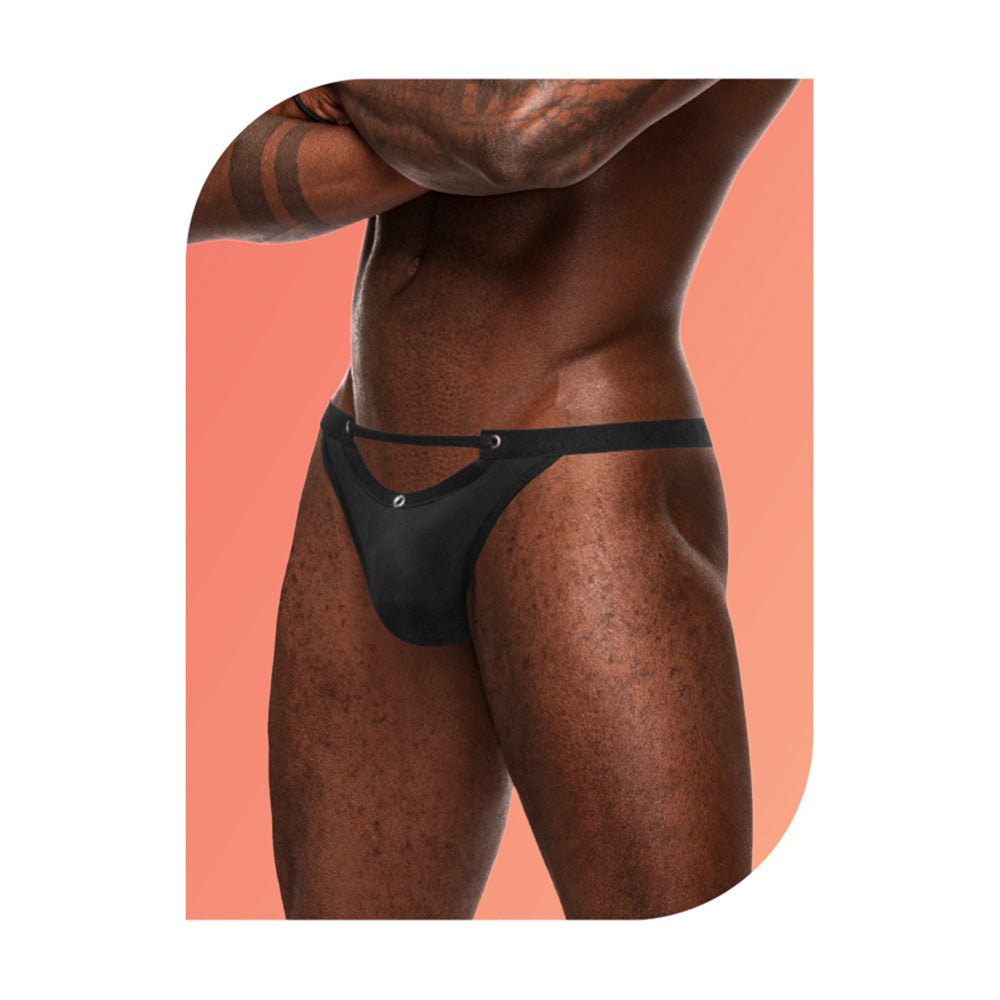 Male Power Wow Magnificence Micro V Thong Black S/M displayed on a model showcasing its sleek design.