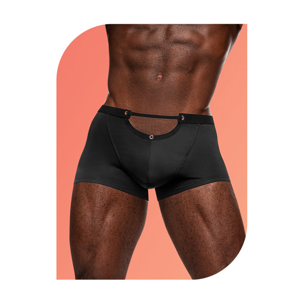 Male Power Wow Magnificence Mini Short Black Large showcasing a sleek cut with a cut-out waist detail.