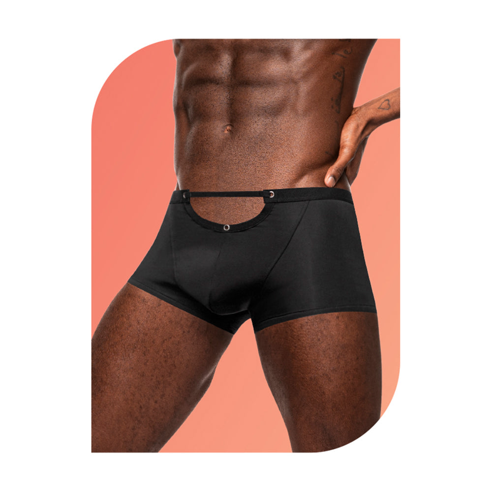 Male Power Wow Magnificence Mini Short Black Large showcasing stylish design and cut-out window detail.