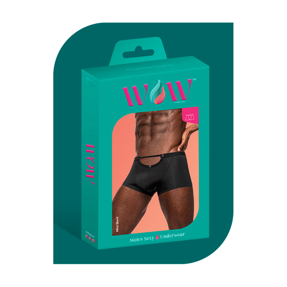 Male Power Wow Magnificence Mini Short Black Large packaging with a model showcasing the stylish design.