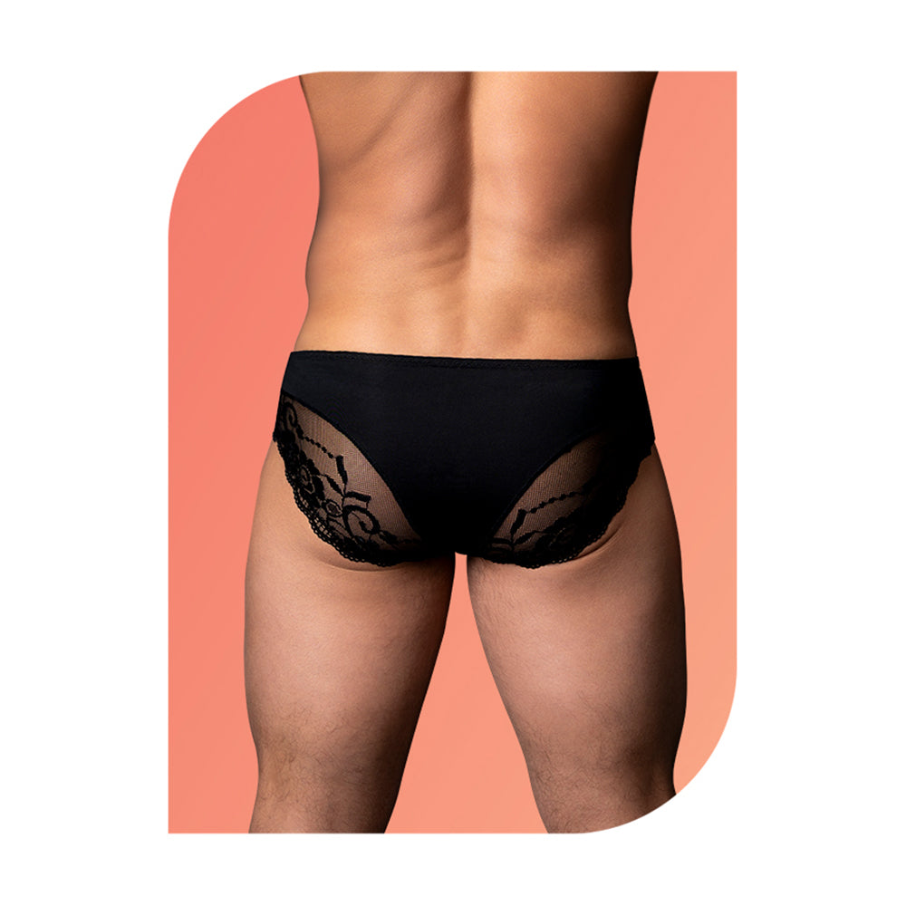Male Power Wow Sassy Lace Men's Bikini Black Small showcased from the back with scalloped lace detailing.