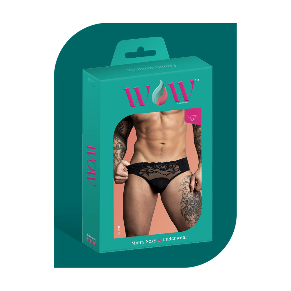 Male Power Wow Sassy Lace Men's Bikini Black Small packaging featuring a model wearing the bikini.