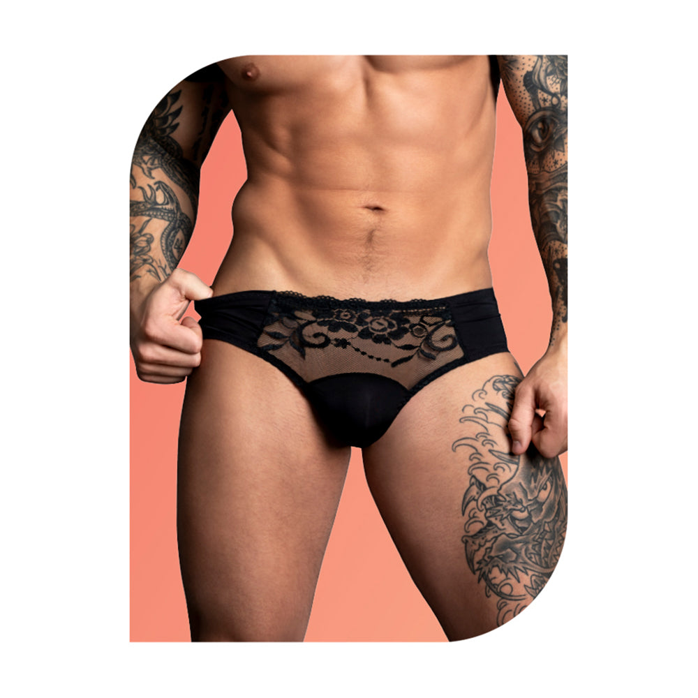 Male Power Wow Sassy Lace Bikini Black Medium showcasing scalloped lace and solid panels on a model with tattoos.