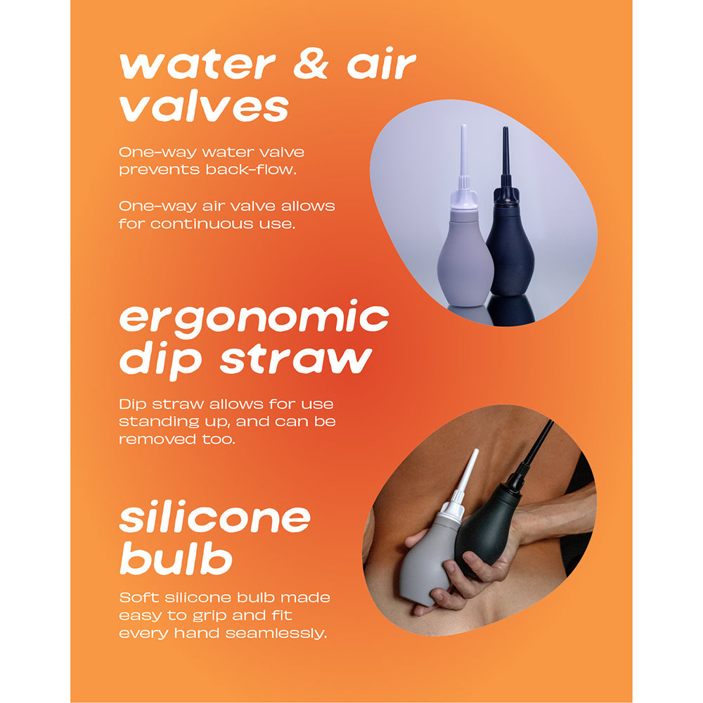 Du Douche Stone Gray features easy-fill functionality with water & air valves, ergonomic dip straw, and silicone bulb.