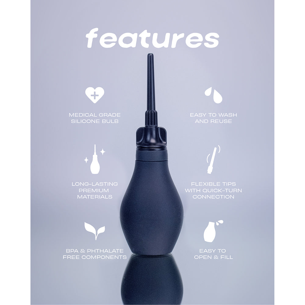 Du Douche Midnight Black features medical-grade silicone bulb, easy to wash, flexible tips, and BPA-free components.
