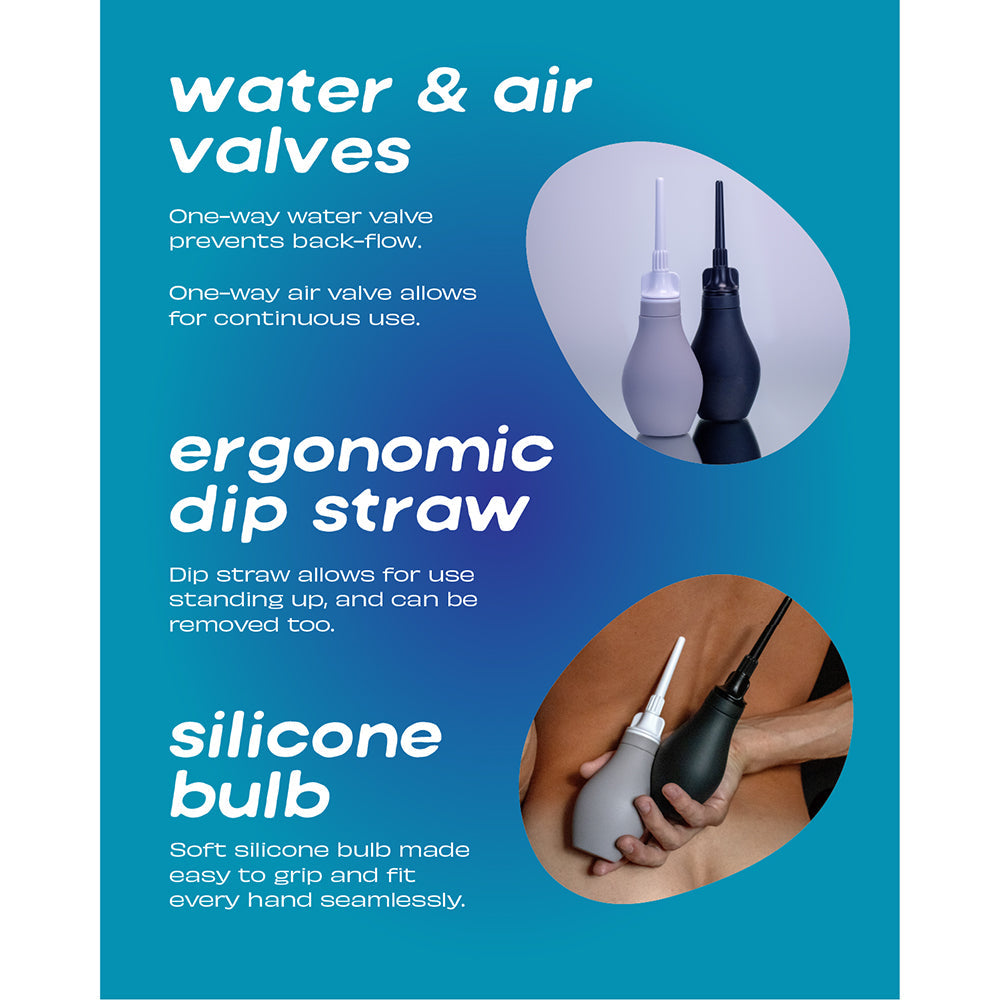 Illustration of Du Douche Midnight Black features including water valves, ergonomic dip straw, and silicone bulb.