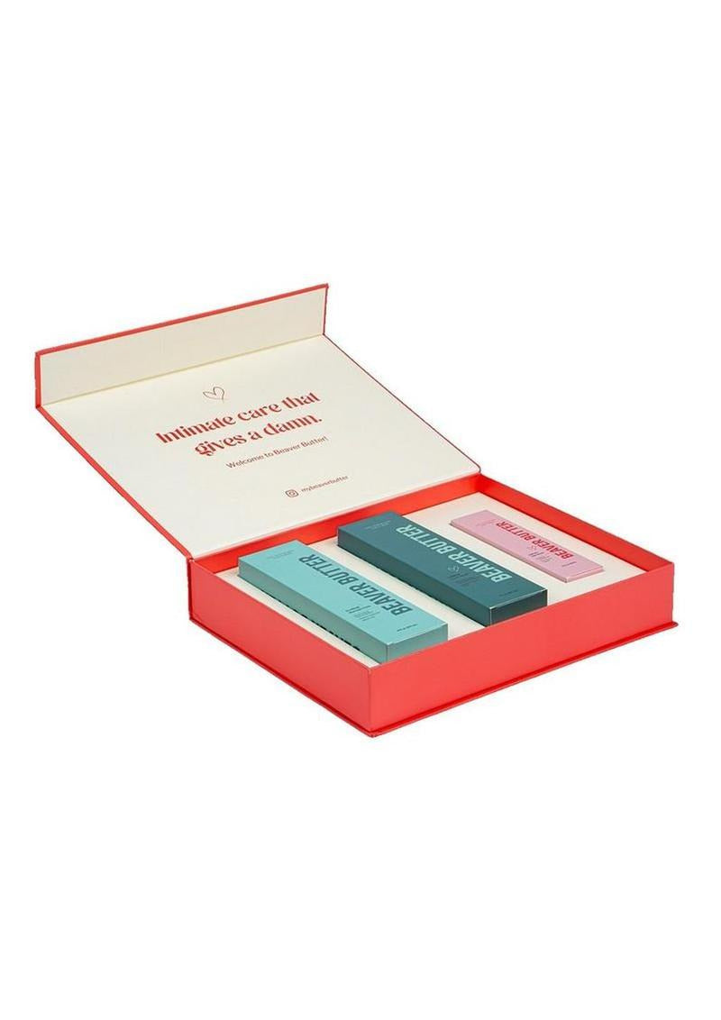 Beaver Butter Soothing Feminine Shaving Kit displayed in a red box with three products for grooming and skincare.