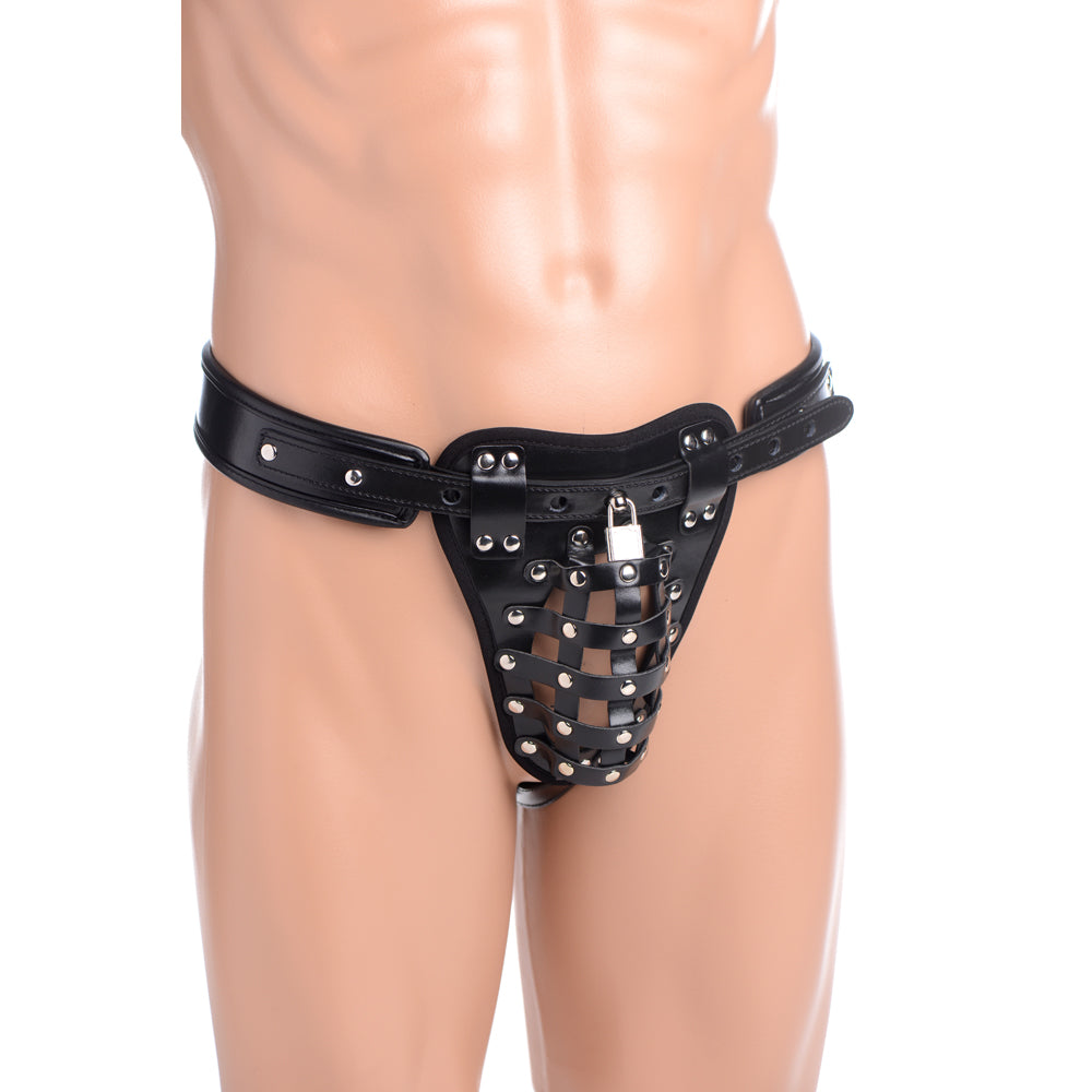 Strict Safety Net Male Chastity Belt displayed on a mannequin, featuring a secure leather-like design with dual locking points.