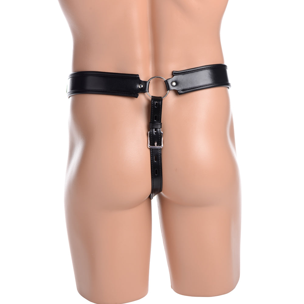 Back view of Strict Safety Net Male Chastity Belt, showcasing its leather-like finish and adjustable design.