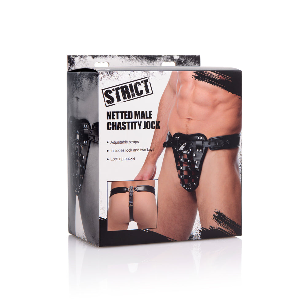 Strict Safety Net Male Chastity Belt packaging showcasing adjustable straps and locking features.