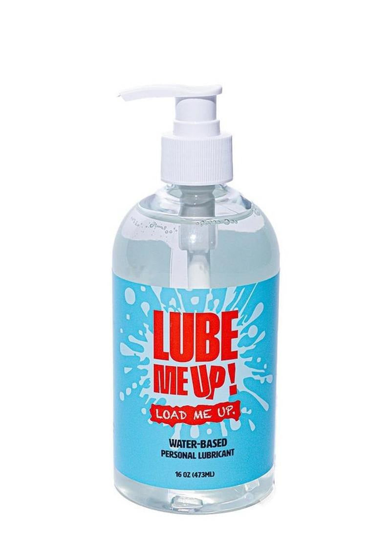 Lube Me Up Water Based Personal Lubricant 16 Oz in a pump dispenser with vibrant blue label
