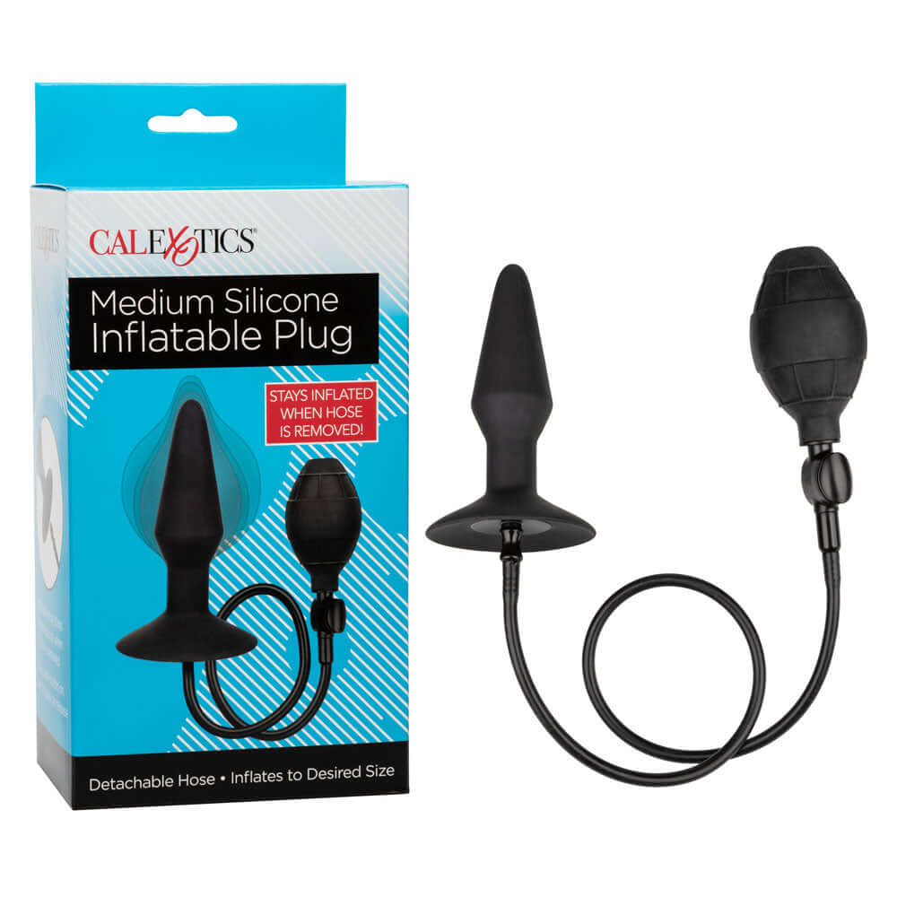 Medium Silicone Inflatable Plug Black packaging and product view, designed for adjustable pleasure.