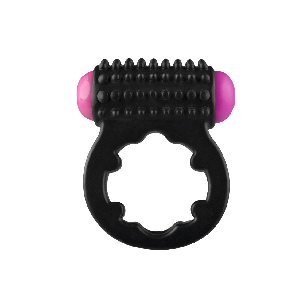 Rock Candy Sugar Buzz Vibrating Cock Ring Black with textured surface and pink accents for enhanced intimacy.