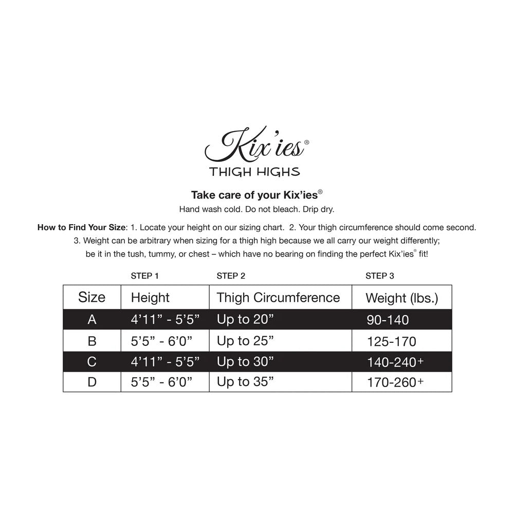 Kixies Tan Rhinestone Mardi Gras Thigh-highs Size D sizing guide with height and weight information.