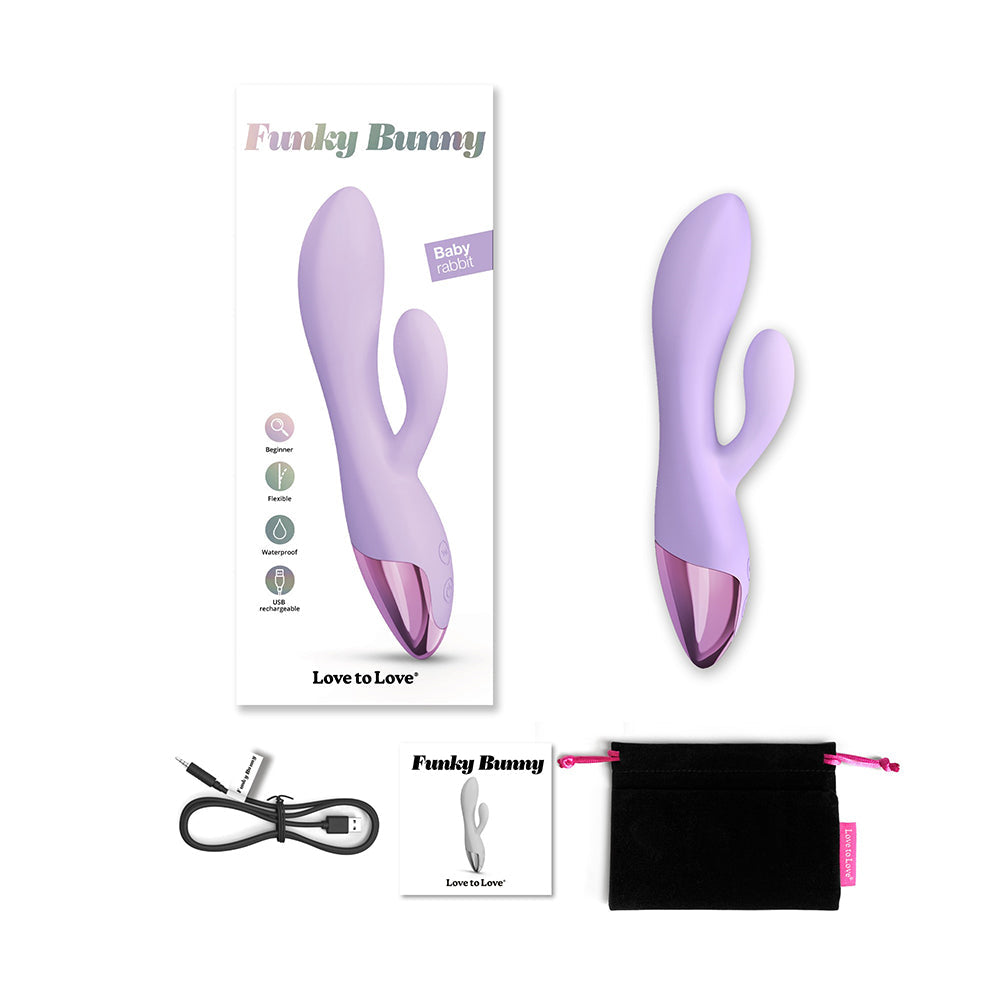Love To Love Funky Bunny Baby Rabbit Vibrator Viva Mauve with packaging and accessories including USB cable.