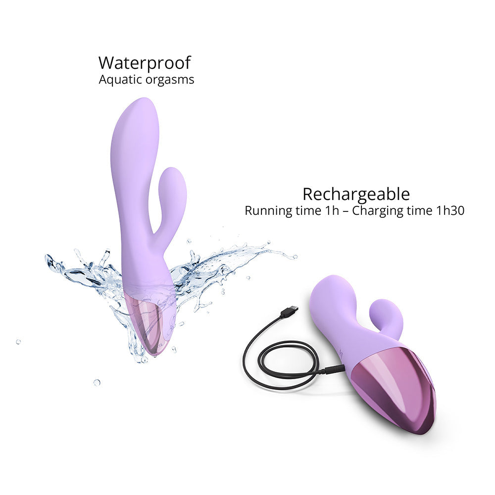 Love To Love Funky Bunny Baby Rabbit Vibrator Viva Mauve shown with waterproof features and rechargeability.