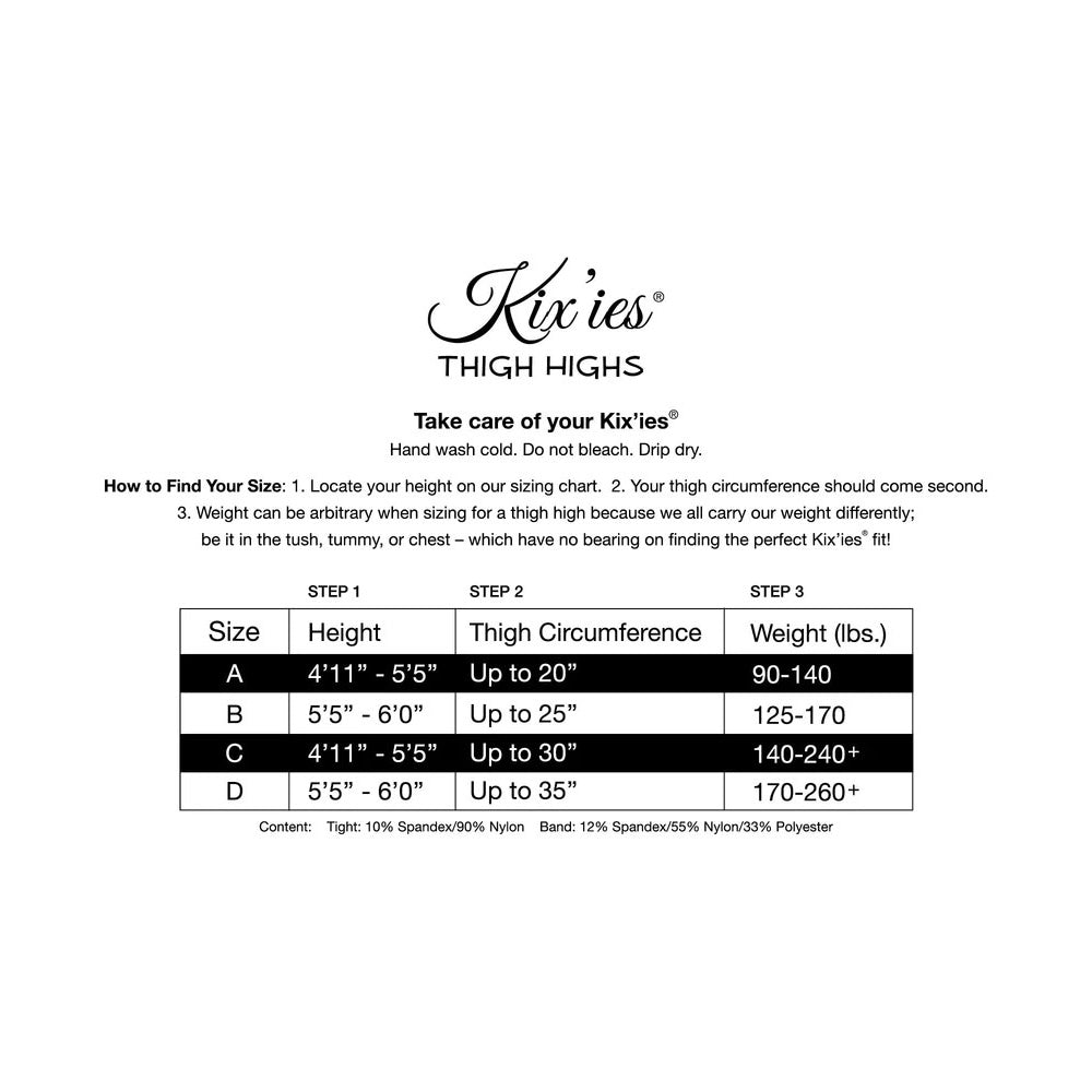 Kixies Ally Black Polka Dot Thigh High Stockings Size C sizing chart for proper fit and care instructions.