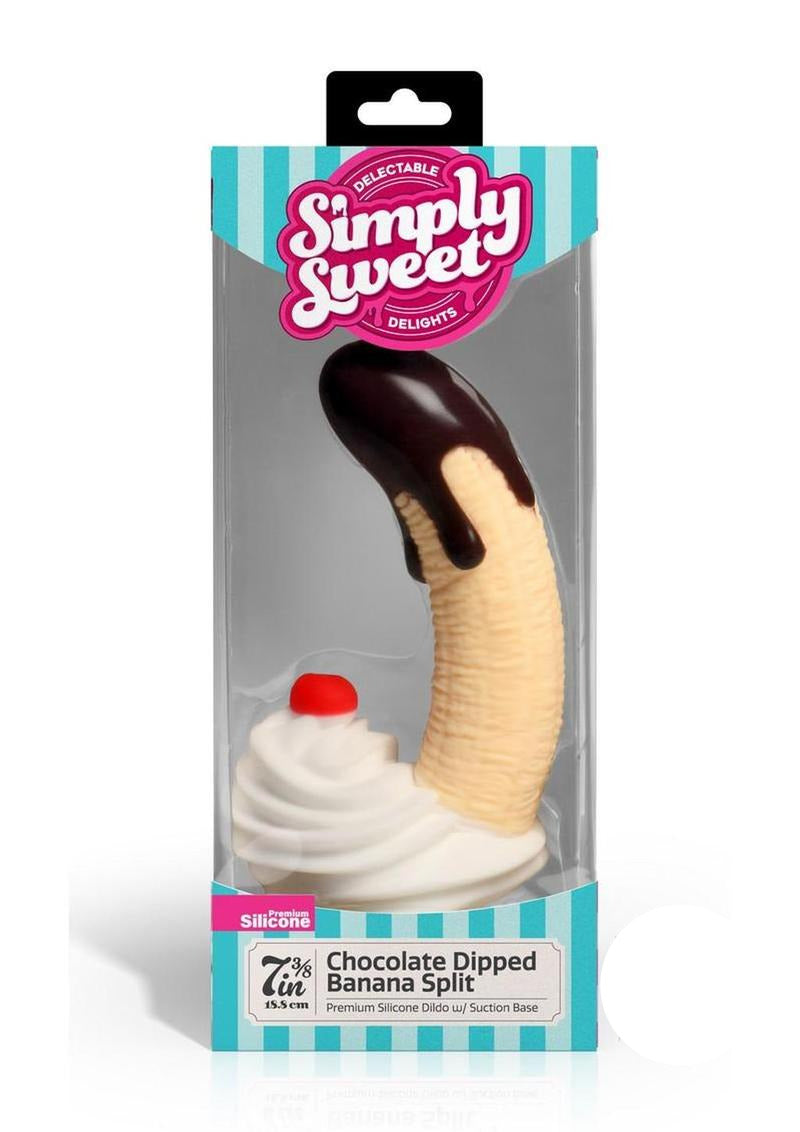 Simply Sweet Chocolate Dipped Banana Split Dildo 7.4 inch in packaging with playful dessert design and suction base.