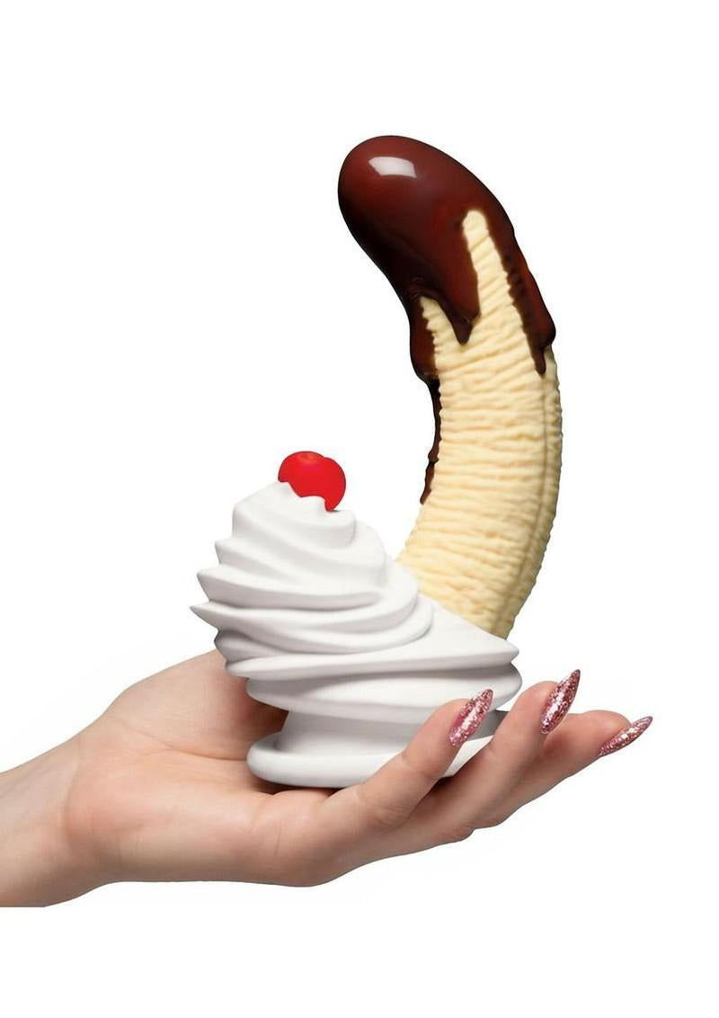 Simply Sweet Chocolate Dipped Banana Split Dildo 7.4 inch held in a hand, resembling a dessert with chocolate and cherry.