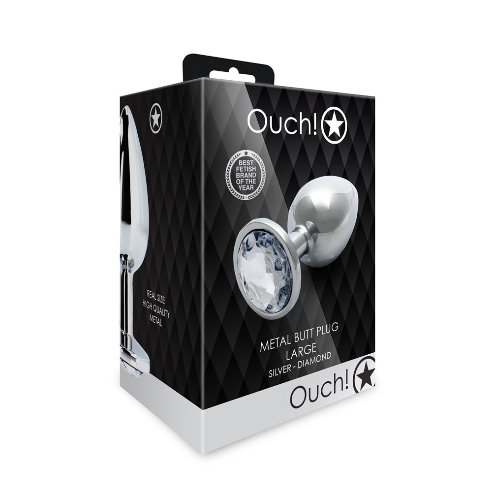 Ouch Round Gem Butt Plug Large Silver Diamond packaging showcasing its sleek design and sparkling jewel.