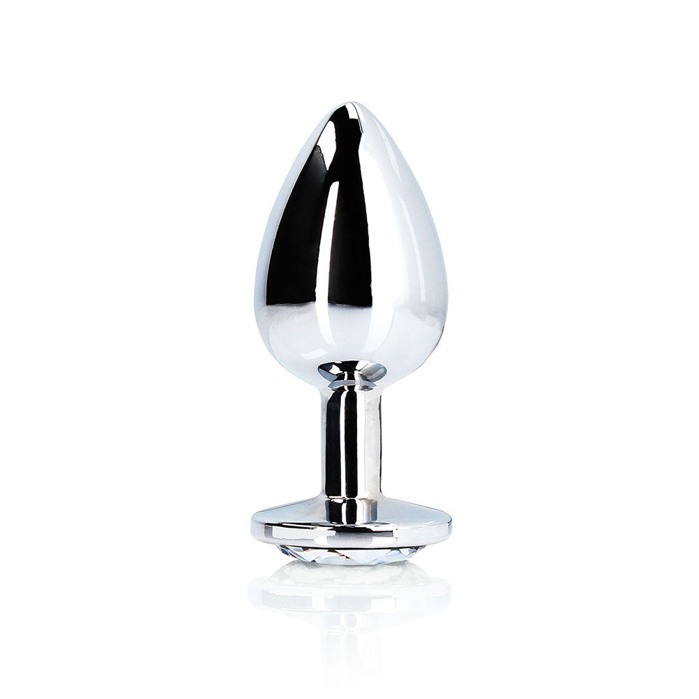 Ouch Round Gem Butt Plug Large Silver Diamond with polished aluminum body and round acrylic jewel base.