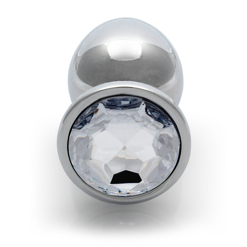 Ouch Round Gem Butt Plug Large Silver Diamond with a polished aluminum body and sparkling acrylic jewel.