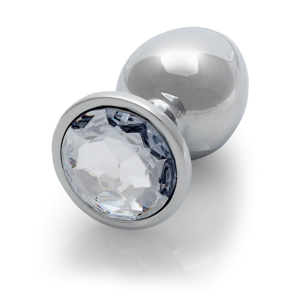 Ouch Round Gem Butt Plug Large Silver Diamond with polished aluminum body and acrylic jewel.