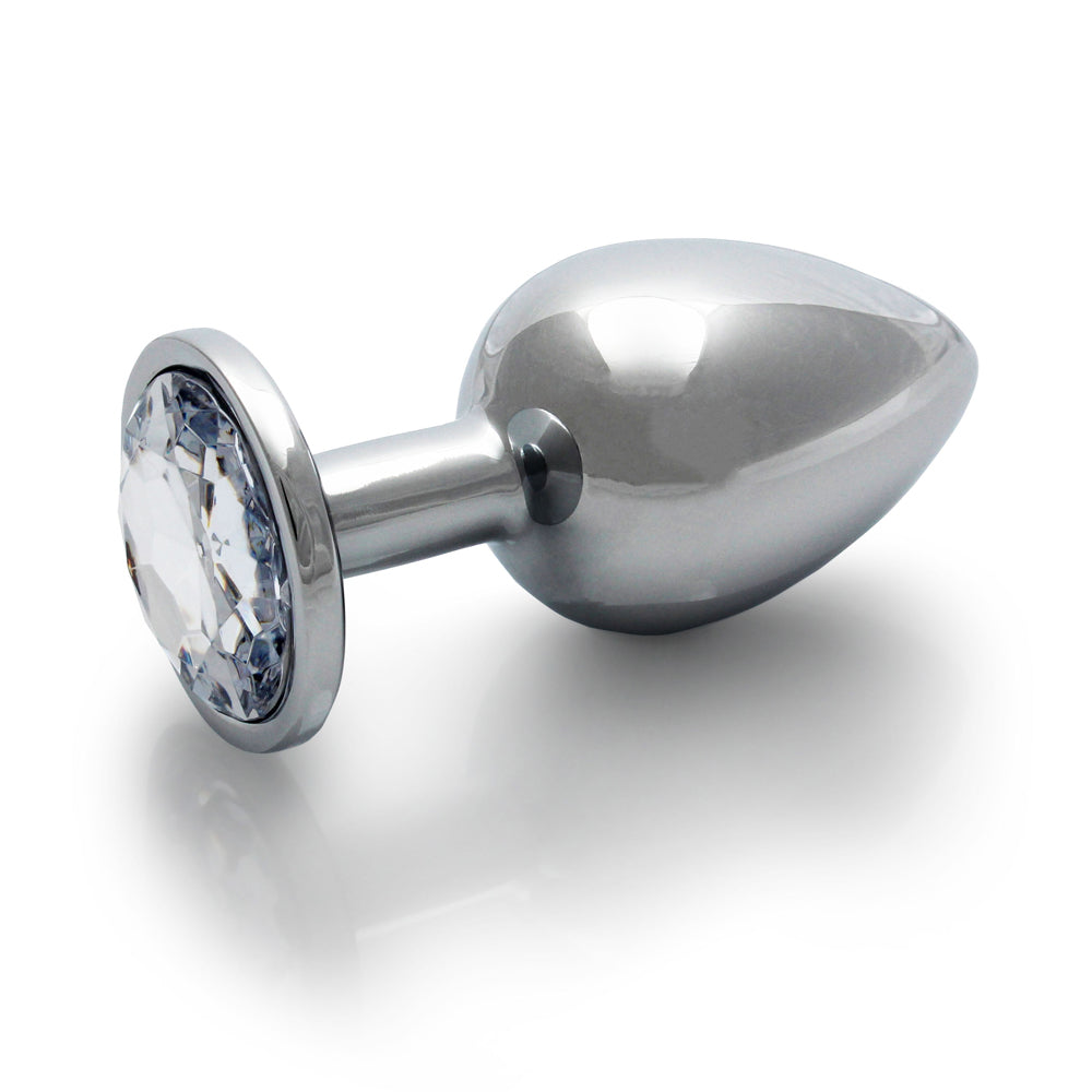 Ouch Round Gem Butt Plug Large Silver Diamond featuring a sleek polished aluminum body with a round acrylic jewel base.
