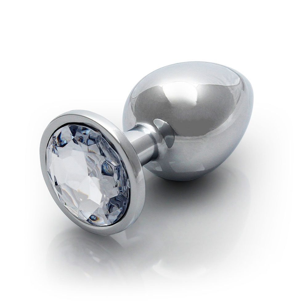 Ouch Round Gem Butt Plug Large Silver Diamond with sleek polished aluminum and sparkling acrylic jewel.