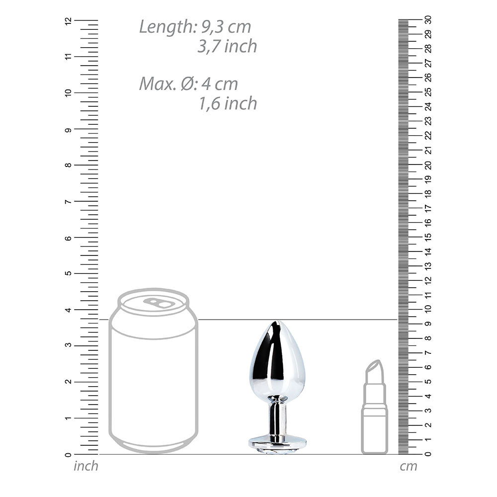 Ouch Round Gem Butt Plug Large Silver Diamond size comparison with a can, measuring 9.3 cm length and 4 cm maximum diameter.