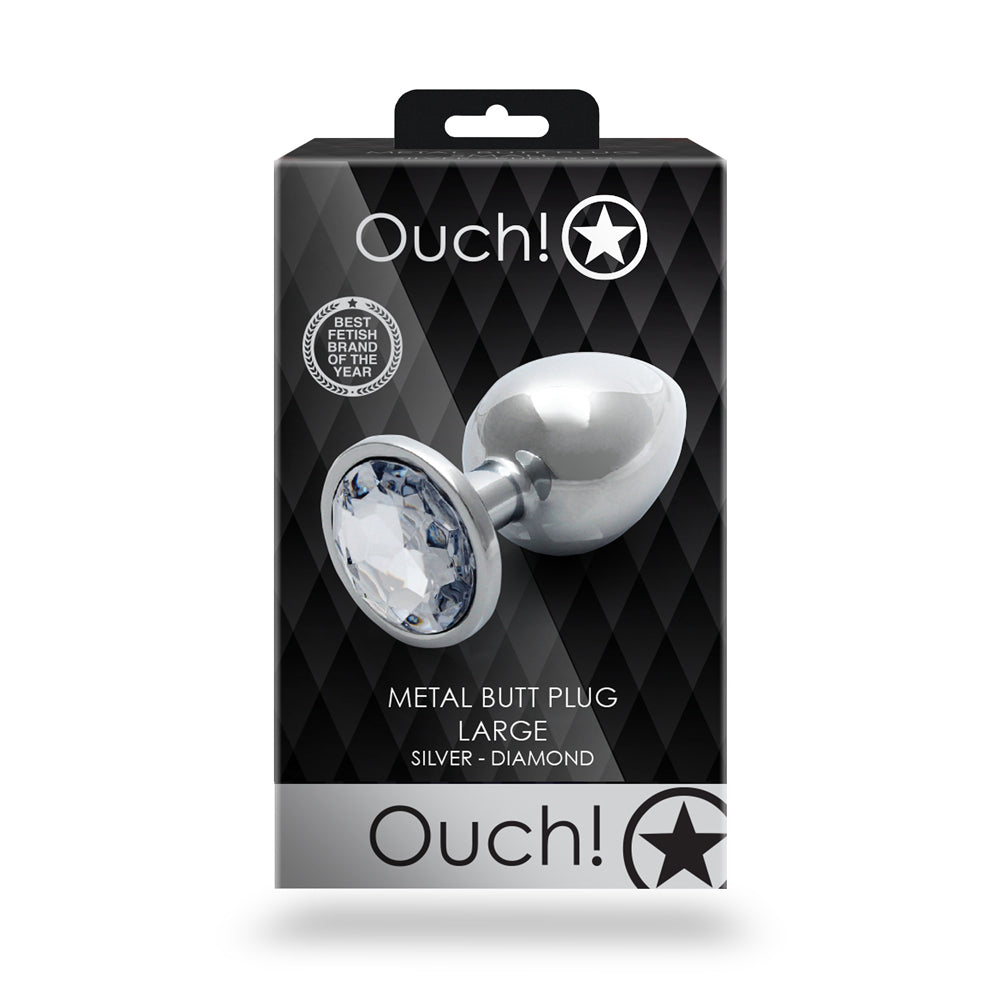 Ouch Round Gem Butt Plug Large Silver Diamond packaging featuring a shiny butt plug with a diamond-like jewel.