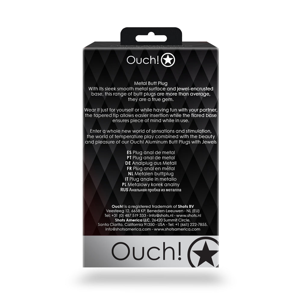 Ouch Round Gem Butt Plug Large Silver Diamond packaging featuring a sleek metal design and jewel-encrusted base.