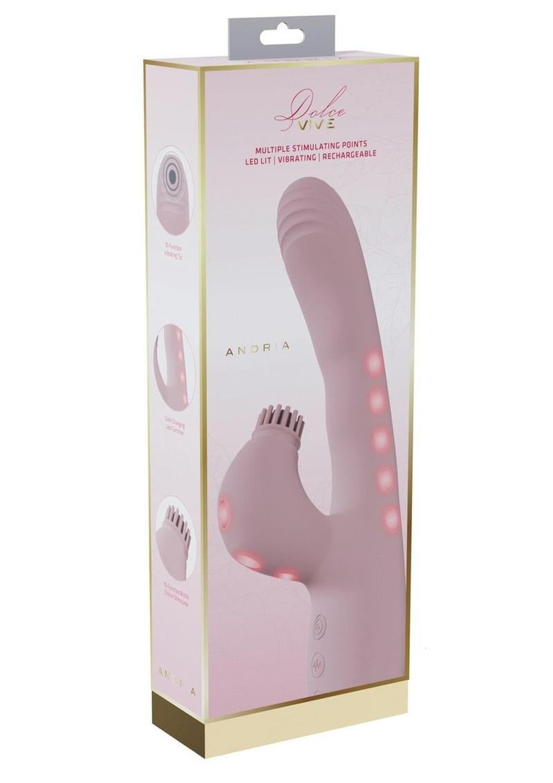 Vive Andria LED Dual Motor G-Spot VIbrating & Tap Clit Stimulator Pink packaging with LED lights and vibrant design.