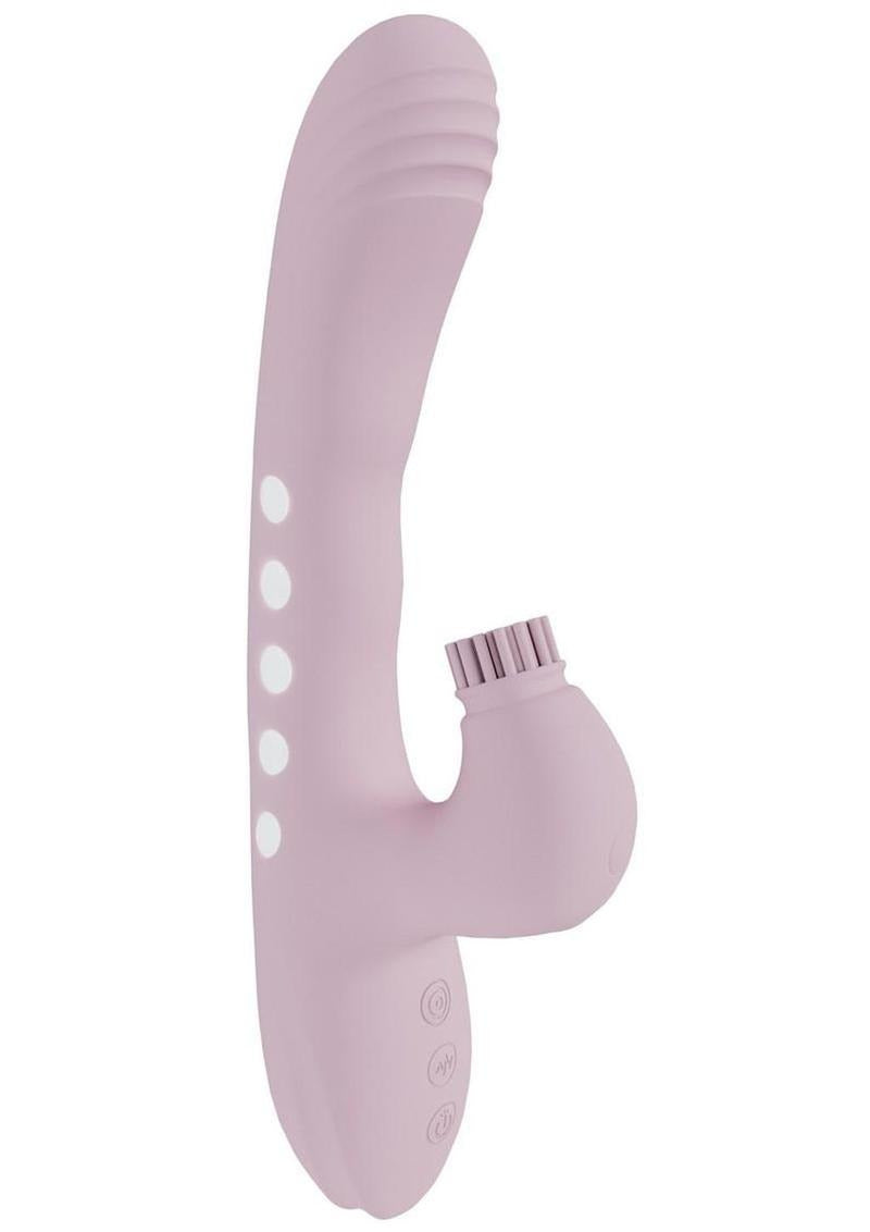 Vive Andria LED Dual Motor G-Spot Vibrating & Tap Clit Stimulator Pink side view design.