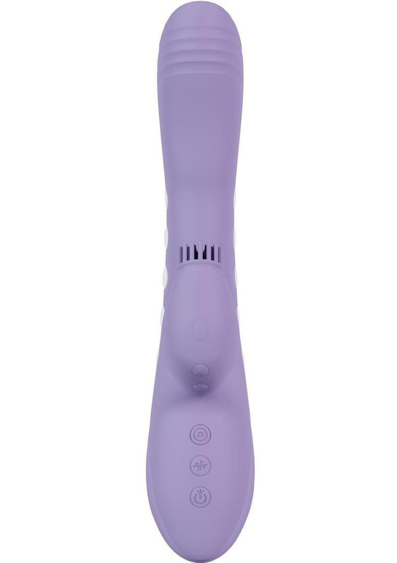 Vive Andria LED Dual Motor G-Spot & Tap Clit Stimulator in purple with textured design and control buttons.