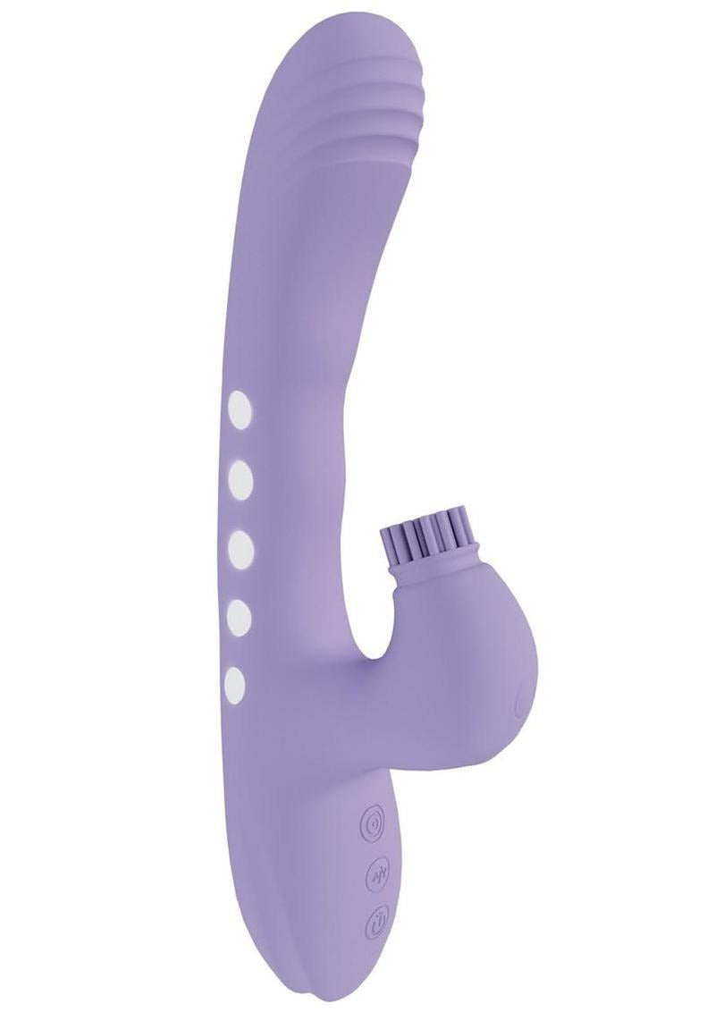 Vive Andria LED Dual Motor G-Spot & Tap Clit Stimulator in purple with textured bristle-tip head.