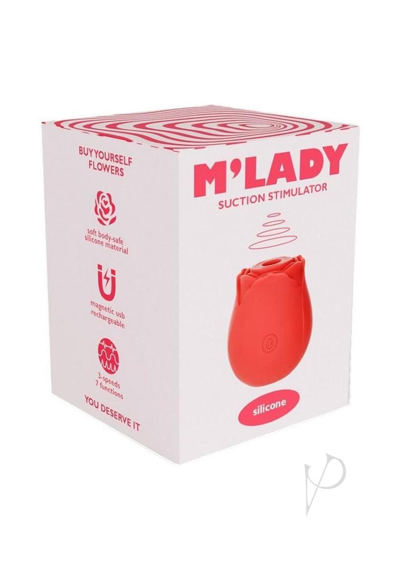 M`Lady Rose Silicone Clitoral Suction Stimulator Red packaging showcasing rose design and features.
