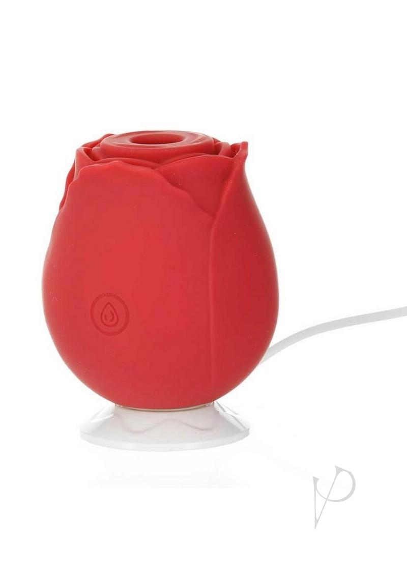 M`Lady Rose Silicone Clitoral Suction Stimulator Red in rose design showcasing its elegant and discreet shape.