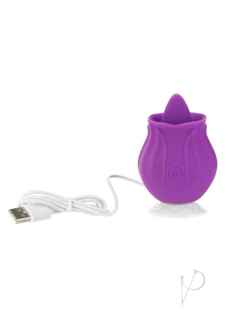 M'Lady Rose Flickering Tongue Clitoral Stimulator Purple with USB charging cord, designed for clitoral stimulation.