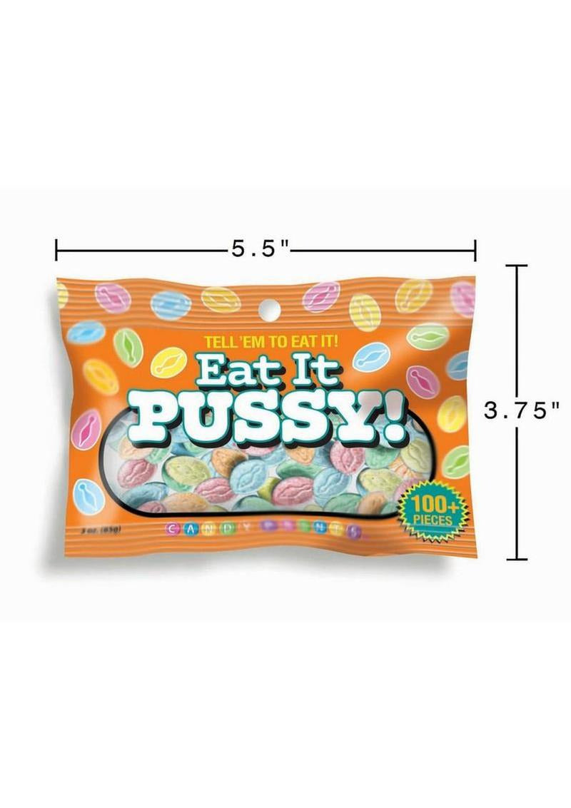 Eat It Pussy Candy 3 Oz Bag packaging featuring colorful pieces for adult celebrations, fun and humorous novelty candy.