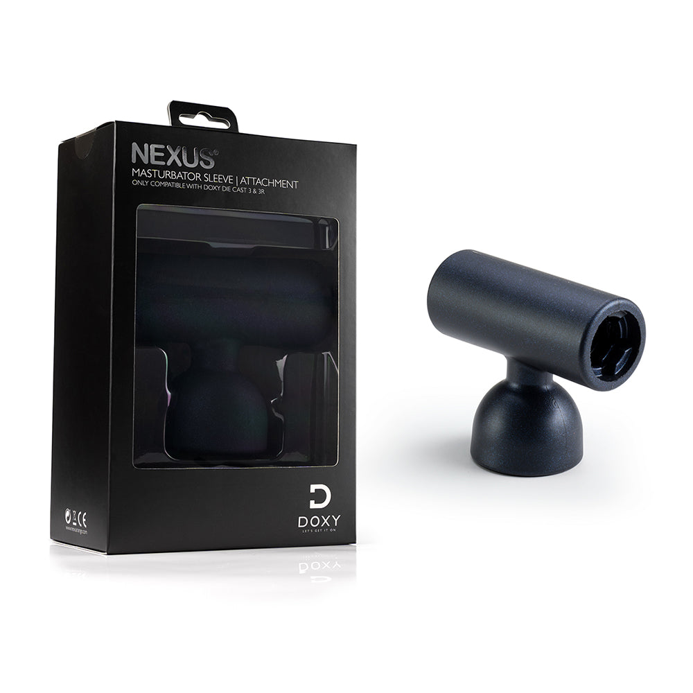 Doxy 3 Silicone Masturbator Wand Attachment Navy alongside its packaging highlighting its unique design and features.