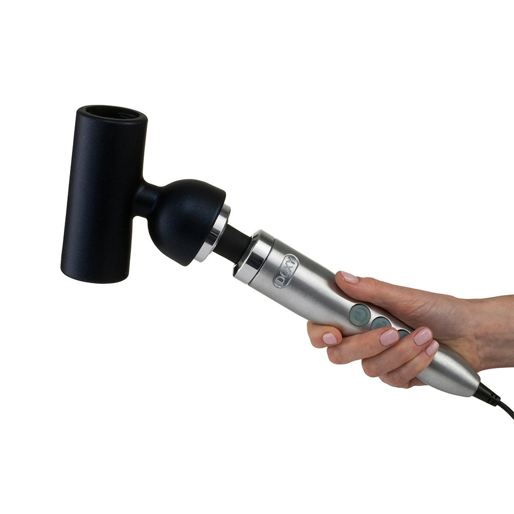 Doxy 3 Silicone Masturbator Wand Attachment Navy attached to massager, showcasing innovative design for enhanced sensations.