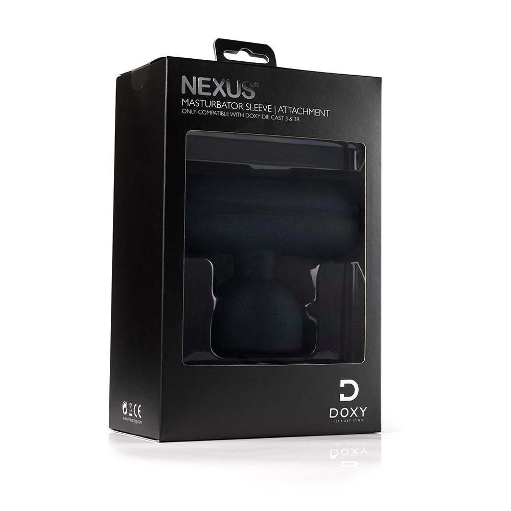 Doxy 3 Silicone Masturbator Wand Attachment Navy packaging showing the NEXUS masturbator sleeve attachment.